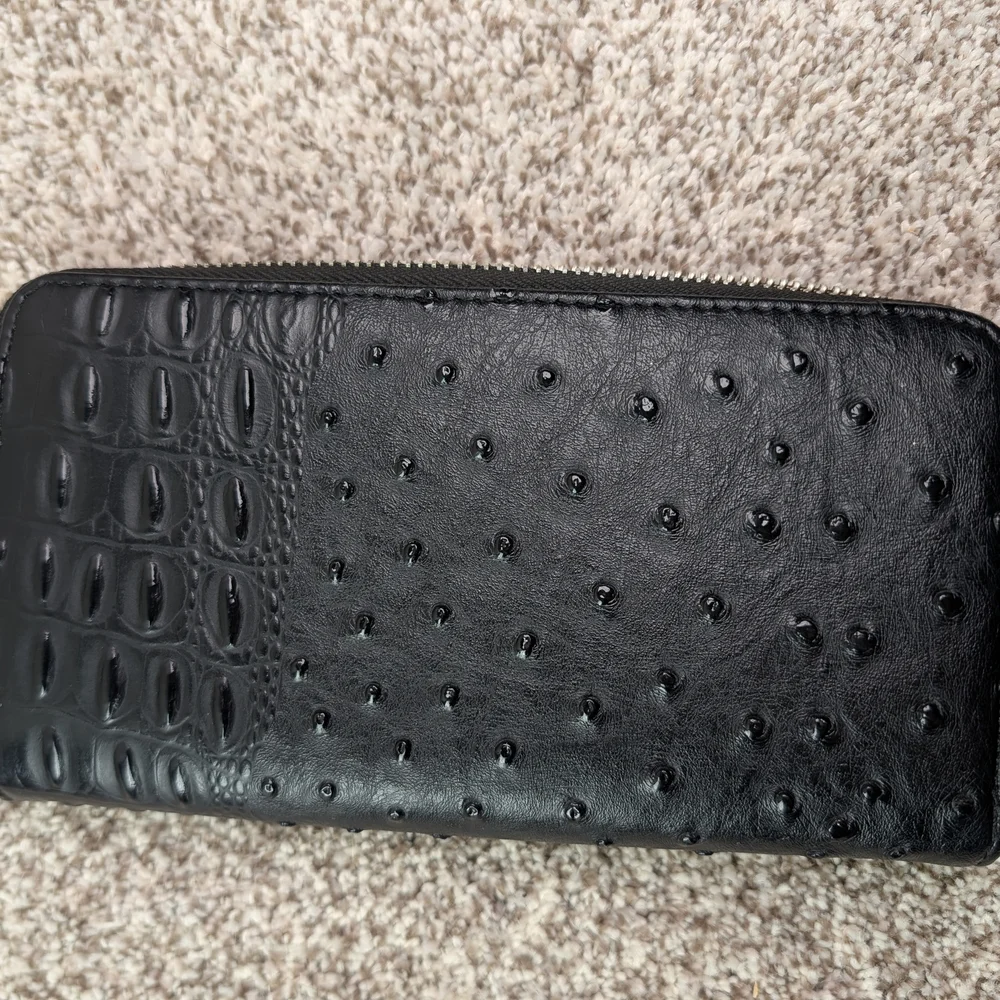 Black Faux Leather Zip Around Wallet Ostrich Croc Embossed Moto Edgy Biker Chic